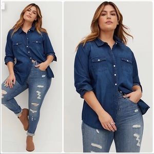 TORRID Denim Long Sleeve Button Down Top | Dark Blue | Size 0